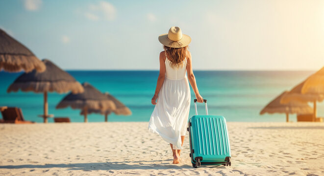 Tropical Beach Getaway Concept with Woman Traveler for travel agency marketing, vacation package ads, airline campaigns, hotel & resort promotions, lifestyle blogs, wanderlust editorials, social media