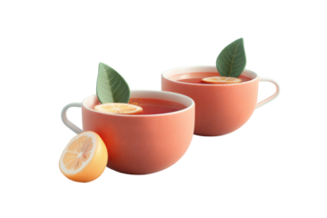 Two cups of herbal tea with lemon and leaves on handleless mugs, cut out