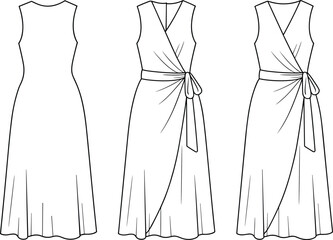 Technical fashion vector illustration of sleeveless wrap dress with V-neckline, sash tie waist, layered skirt, front and back garment views