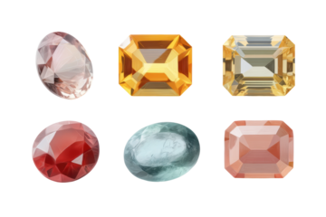 Collection of various shaped and colored gemstones on black background, cut out