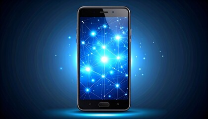 Smartphone displaying a glowing network connection concept illustration on a blue background