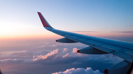 Airplane wing in flight aerial view of clouds at sunset travel and transportation concept