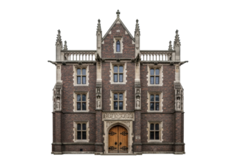 Imposing ancient gothic university building, weathered dark red brick, intricate windows, gargoyles, wooden doors, isolated on white. Academic heritage concept