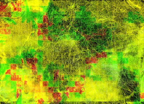 Abstract artwork filled with bright yellows, greens, and scattered red accents, layered with intersecting mesh-like lines. The composition resembles energetic landscapes, heat maps,