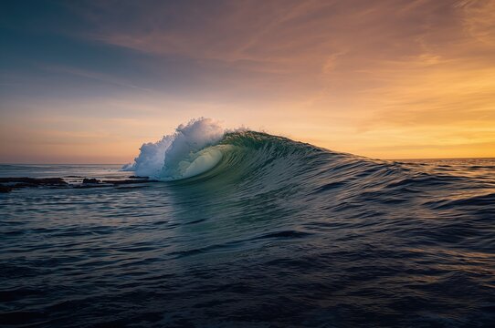The sunset wave offers an awe-inspiring view with its extensive left-breaking swell along the shoreline.