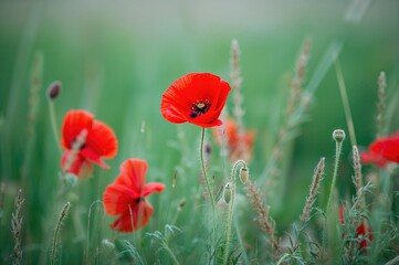 Obraz premium A vibrant summer scene with blooming red poppies, lush green grass, and colorful foliage under a clear blue sky
