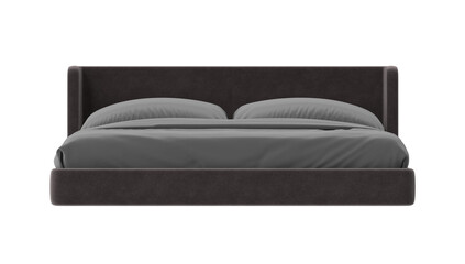 Obraz premium A contemporary bed with a dark gray headboard and matching base is presented with soft gray bedding, creating a minimalist and stylish aesthetic.