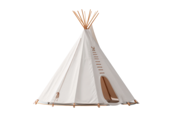 White canvas teepee tent with wooden poles on white background, cut out
