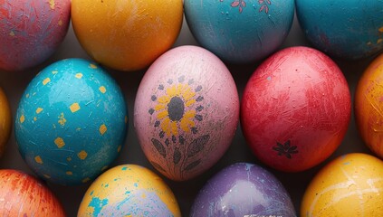 Joyful Easter celebration with vibrantly painted eggs. Indoor close-up shot from above, no people present. Sending best wishes to family, friends, and coworkers.