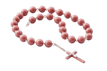 Red bead rosary with crucifix on black background, cut out