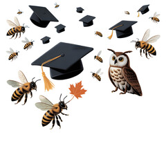 Owl, bees, and graduation caps isolated on transparent background for education theme