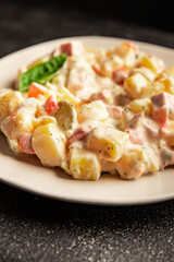 Potato salad ham, potato, tomato, carrot, mayonnaise tasty snack fresh delicious gourmet food background on the table rustic top view copy space