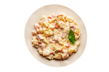Potato salad ham, potato, tomato, carrot, mayonnaise tasty snack fresh delicious gourmet food background on the table rustic top view copy space