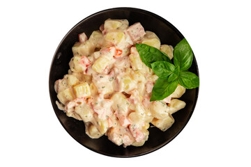 Potato salad ham, potato, tomato, carrot, mayonnaise tasty snack fresh delicious gourmet food background on the table rustic top view copy space