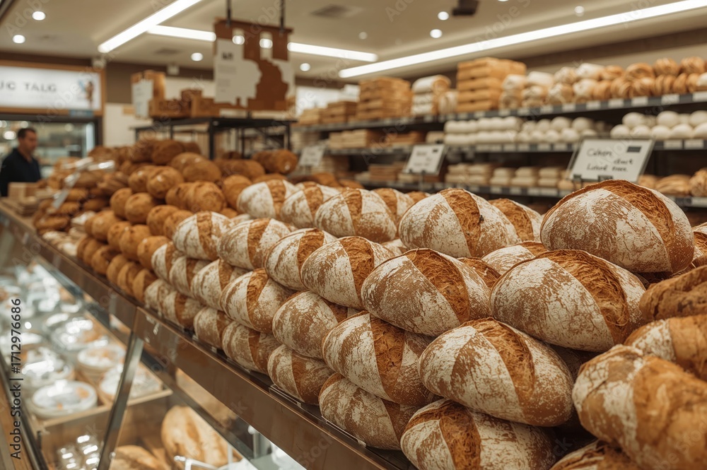 Poster freshly baked bread displayed in a retail setting with cheese and wheat elements
