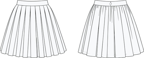 Technical fashion illustration of pleated skirt front and back views with waistband, button closure, structured silhouette, garment flat vector design