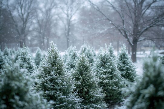 Tiny evergreen trees lightly covered with snow in a garden evoke a peaceful winter scene, ideal for holiday and seasonal imagery