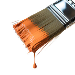 Closeup of a paintbrush with orange paint dripping isolated on transparent background
