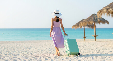 Dreamy Island Escape with Tourist Walking by the Sea for destination marketing, luxury retreat advertising, tourism board campaigns, travel magazines, online booking platforms, lifestyle branding