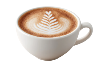 Elegant latte art in a white cup with leaf design on cappuccino foam, cut out