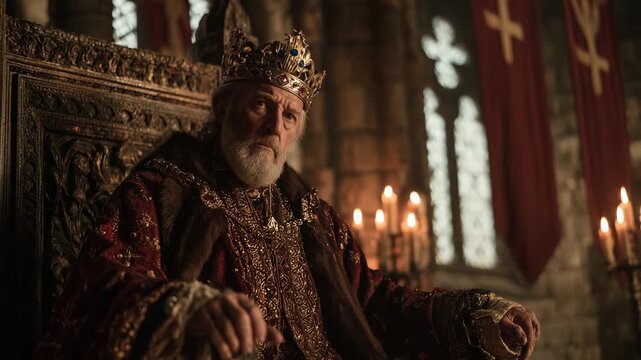 A regal king on a grand throne in a medieval castle, embodying nobility