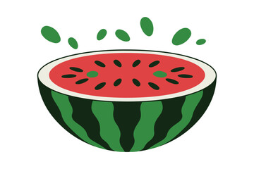 Juicy half watermelon with flying seeds and leaves