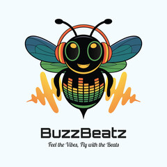 Cartoon Bee Wearing Headphones with Music Soundwaves Keywords: bee, insect, cartoon