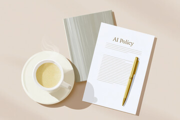 Flat lay illustration of an AI Policy document, steaming coffee, and pen on a muted beige desk, depicting modern tech governance and corporate responsibility.