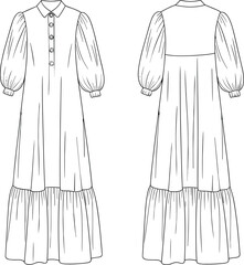 Technical fashion flat sketch of long tiered dress with collar, button placket, voluminous sleeves, gathered cuffs, and back yoke detail