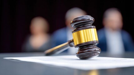 Gavel on legal document, representing law, justice, and critical decisions. Blurred background of officials suggests court or legislative action, perfect for regulation concepts.