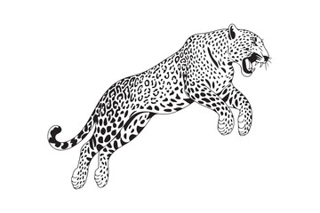Dynamic black and white illustration of a leaping jaguar