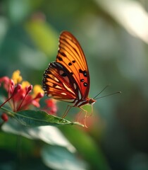 Obraz premium A vibrant butterfly, showcasing intricate orange and brown patterns, rests delicately on a leaf amidst lush foliage, bathed in warm sunlight.