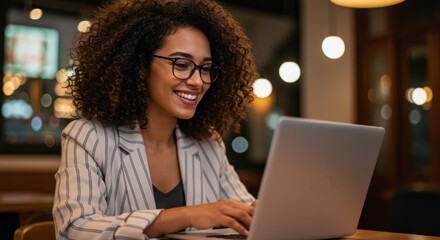 Smiling young woman with glasses and curly hair working on a laptop computer in a warmly lit blurred background setting