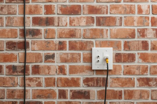 Blocks embedded within a thin brick wall at a construction site for installing electrical outlets and light switches. Conceptual work in progress.