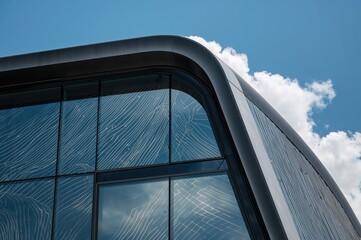 Segment of a structure showcasing elegant windows. Contemporary design. Artistic window patterns on a corporate tower.