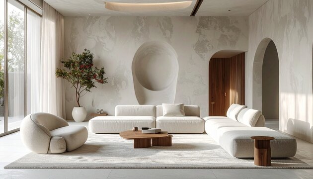 Contemporary living room with sculptural white wall, L-shaped sofa, wood accents, and natural light.