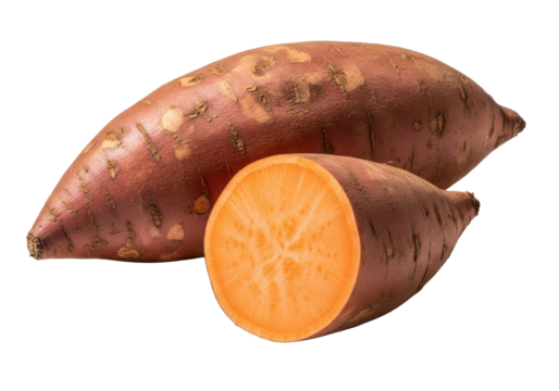 Extreme macro shot of gnarled sweet potato and vibrant orange cut piece, rich texture, rim lighting on white background, still life of wholesome comfort food and abundant harvest