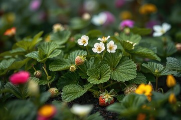 Garden strawberry plant blooming with flowers