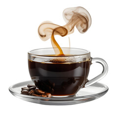 Hot coffee in glass cup with steam isolated on transparent background