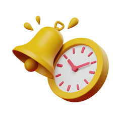 Yellow cartoon clock with a ringing bell representing time management and reminders on transparent background
