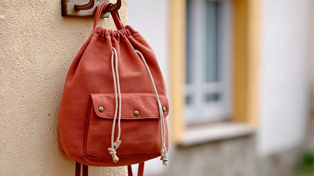 Cozy red drawstring backpack hanging on rustic wall evokes vintage charm and simple style