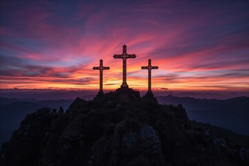 Three crosses silhouetted against a sunrise over the mountains