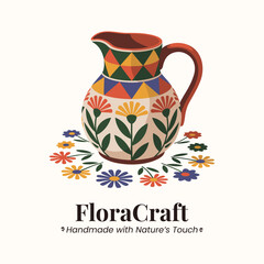 Decorative ceramic jug with floral pattern and text Flora Craft Keywords: jug, pitcher, ceramic