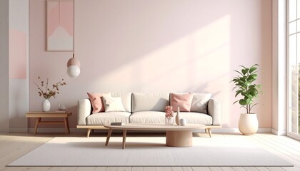 Minimalist living room with light pink wall, gray sofa, wood accents, and soft natural light.