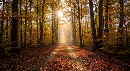 Fototapeta premium A sunlit path through a serene autumnal woodland, bathed in golden hues and dappled sunlight.