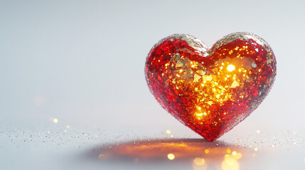 Fototapeta premium A sparkling heart with red and gold fragments on a white background casting a soft shadow below it
