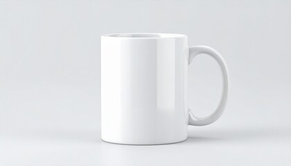 Plain white ceramic mug on light gray background, minimalist and customizable product mockup.