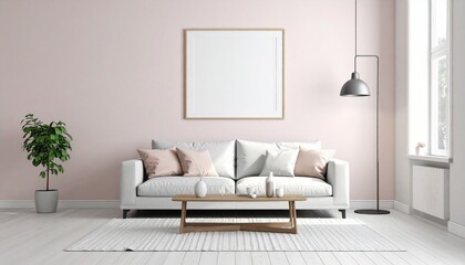 Minimalist living room with light pink wall, gray sofa, wood accents, and soft natural light.