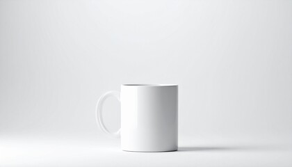 Plain white ceramic mug on light gray background, minimalist and customizable product mockup.