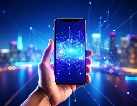 Hand holding a phone with a complex network graphic on screen, cityscape blurred background